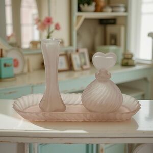 Vintage Pink Satin Glass Vanity Set - Includes Perfume Bottle, Tray and Bud Vase
